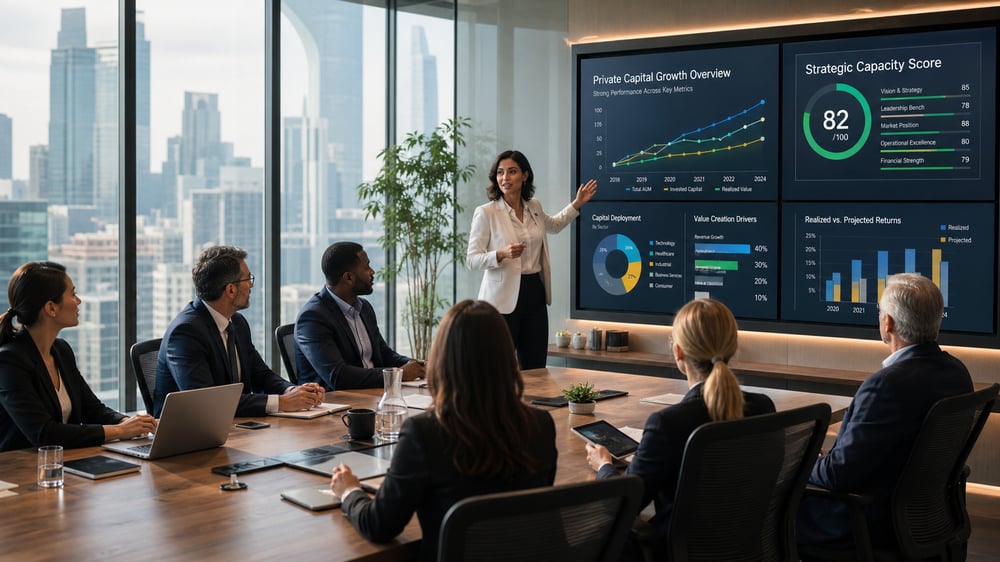 Diverse Team Discussing Capital Growth Charts In Modern Conference Room