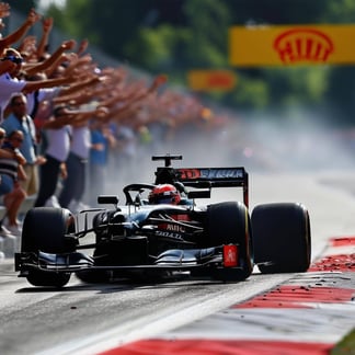 In a formula one race one car breaks free from the pack while the crowd goes wild rooting for the driver to win