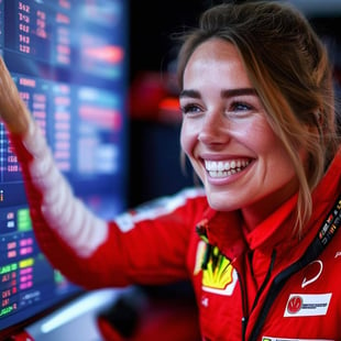 THE female crew chief of a formula 1 racing team looks happily at a data display