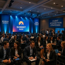 The image captures a vibrant conference hall filled with energy and anticipation Rows of sleek modern chairs are occupied by enthusiastic business advisors engaged in animated discussions A large stage at the front boasts a dynamic backdrop featuring-1