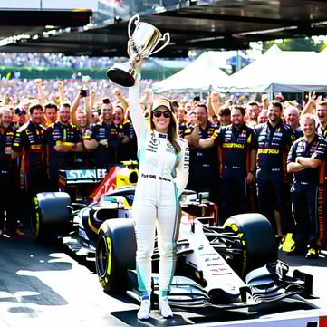 The image captures the exhilarating scene of an attractive accountant woman in her 40s holding up a trophy on the podium above several formula 1 drivers she has just defeated In the background is a  sleek Formula 1 car its vibrant colors gleaming und-1