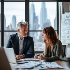 The image depicts a modern office setting where a wealth advisor is engaged in a discussion with a business owner