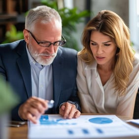 a 50 year old business advisor and a 45 year old client looking at a financial plan and discussing where the client wants to go