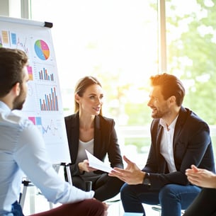 brightly lit room with big windows and a sunlight pouring in, three business advisors having a relaxed conversation in front of a white board covered