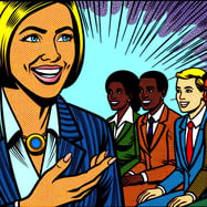 effective senior leadership, main ceo woman smiling marvel comics style while teaching her ceo customers