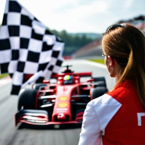 female strategist watching a formula 1 car win the race with checkered flag