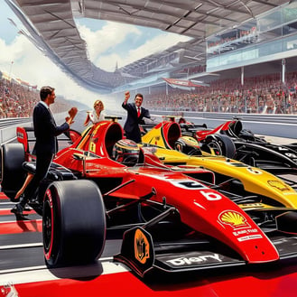 three winning formula 1 cars painted red, yellow and black, with a business man and business woman cheering them on from beside the track